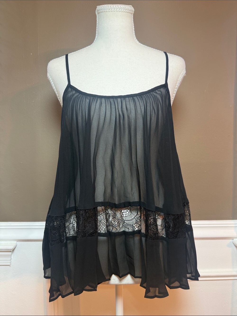 BCBG Y2K Black Lace Sheer Babydoll Tank Top S